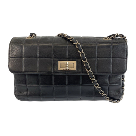 CHANEL Shoulder Bag 6135*** lambskin Black SilverMetal Chocolate bar