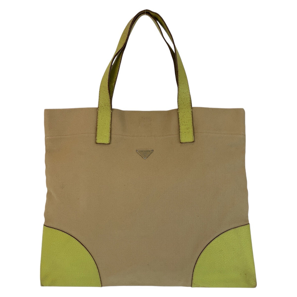 Prada Triangle Logo Plate Canvas/Leather Tote Bag