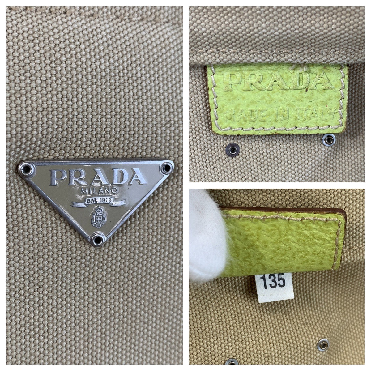 PRADA Tote Bag canvas Beige Green SilverMetal Triangle With logo - Style 2