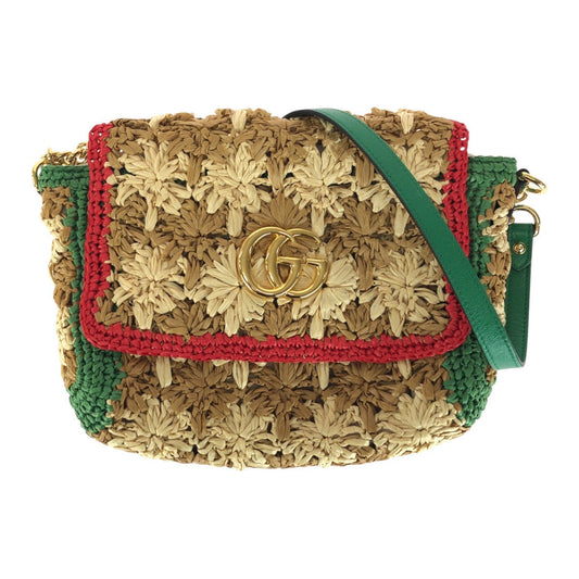 GUCCI Shoulder Bag 574433 Raffia Beige Gold Metal GG Marmont