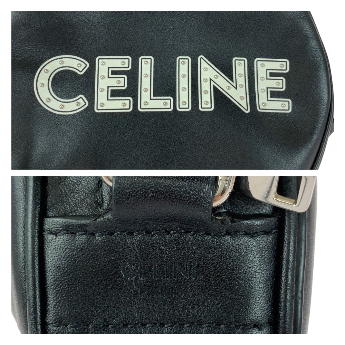 CELINE Shoulder Bag 195883DDJ.38SI leather Black White SilverMetal Dancing Kid Logo studs
