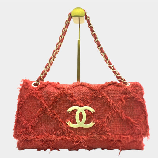 Chanel Red Diamond Stitch Tweed Maxi Nature Flap Bag