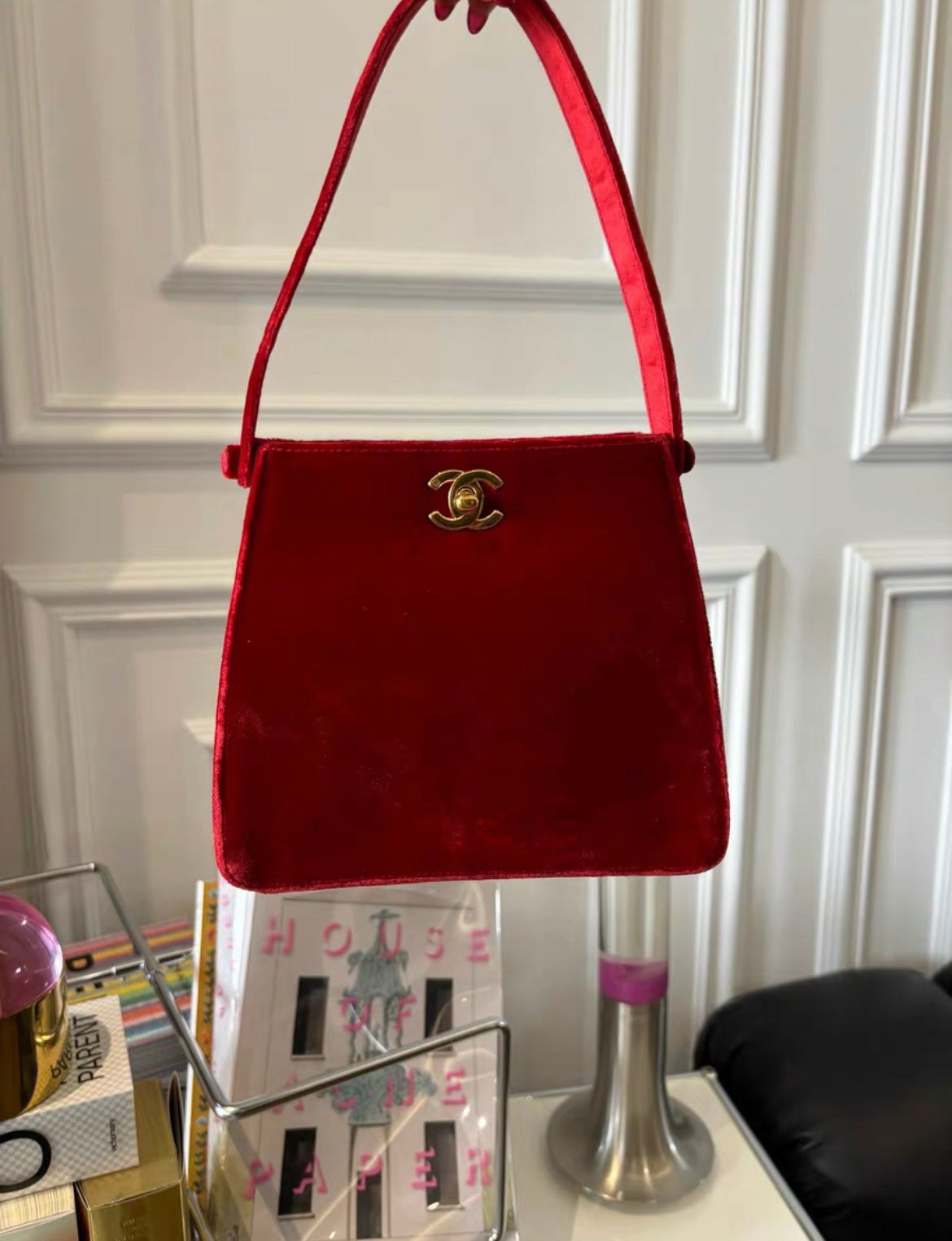 Chanel Rare Classic Velvet Red Kelly Bag Gold Plated Hardware