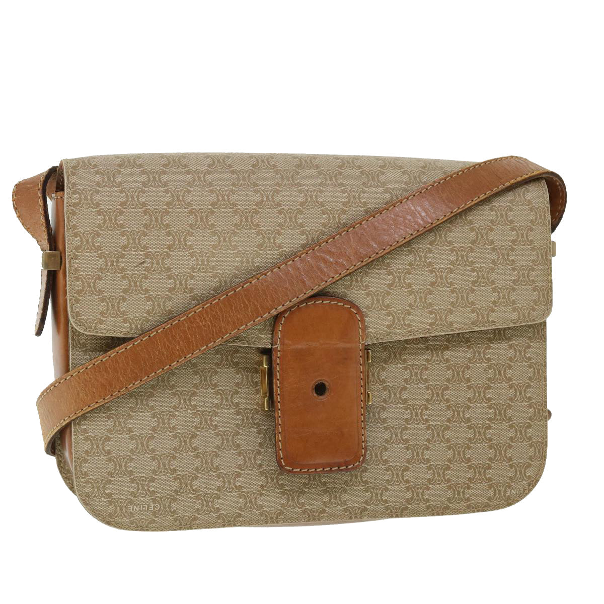 Luxury CELINE Macadam Canvas Shoulder Bag Canvas Leather Beige Brown 51028