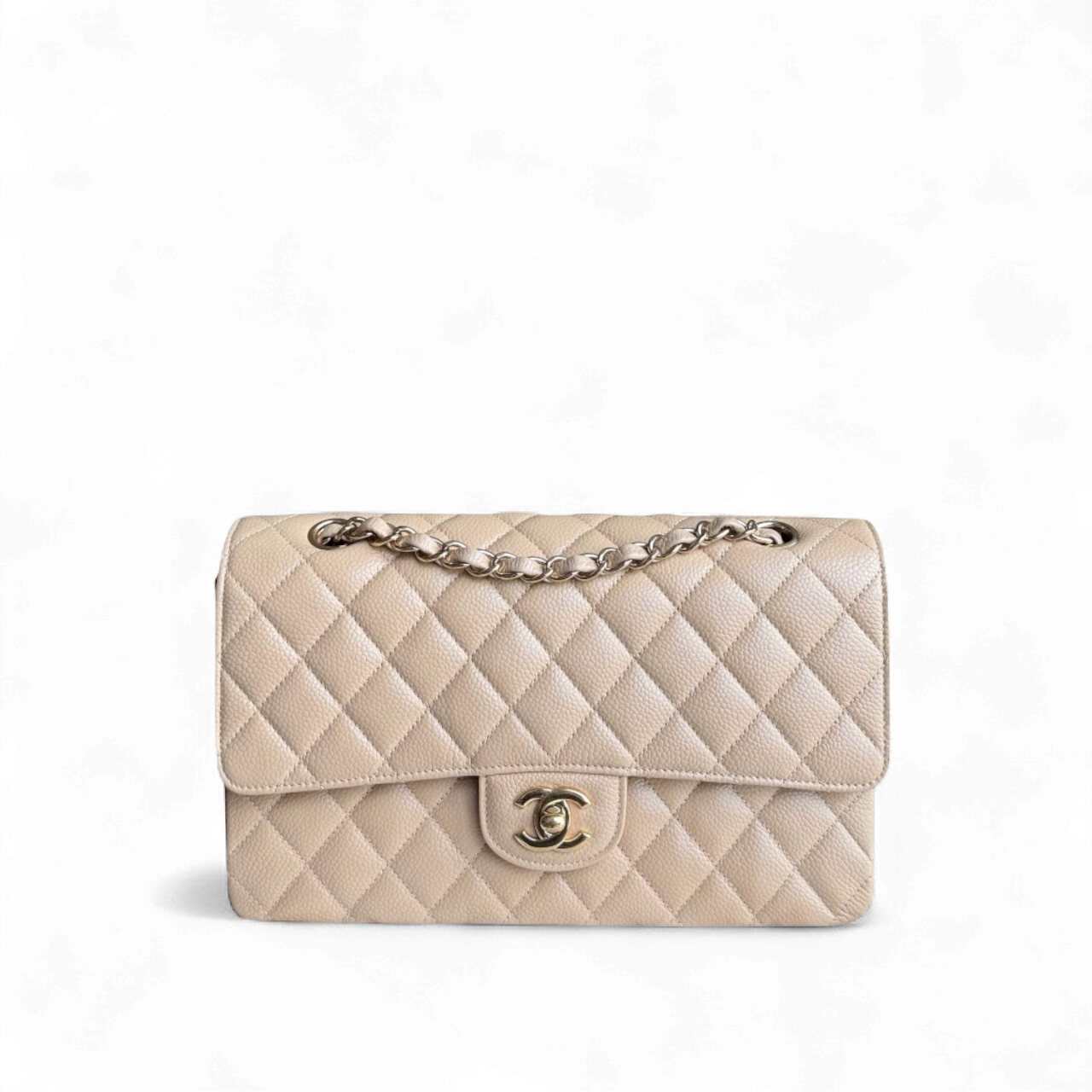 Chanel Classic Flap Medium - Caviar 25CM Quilted Grained Calfskin Beige Gold Hardware Series 14