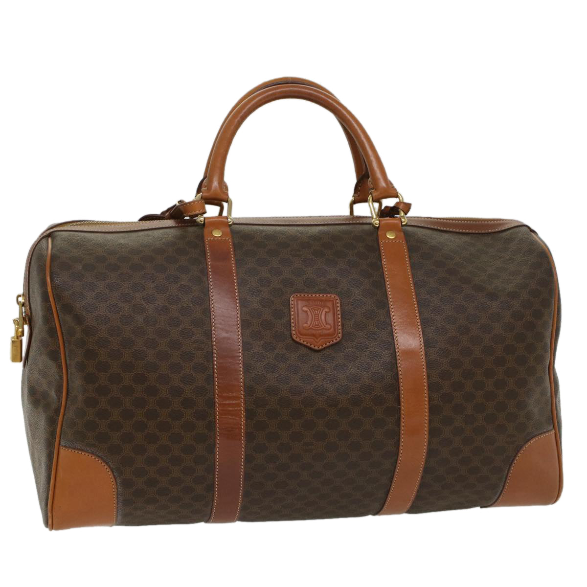 Luxury CELINE Macadam Canvas Boston Bag PVC Leather Brown 54715
