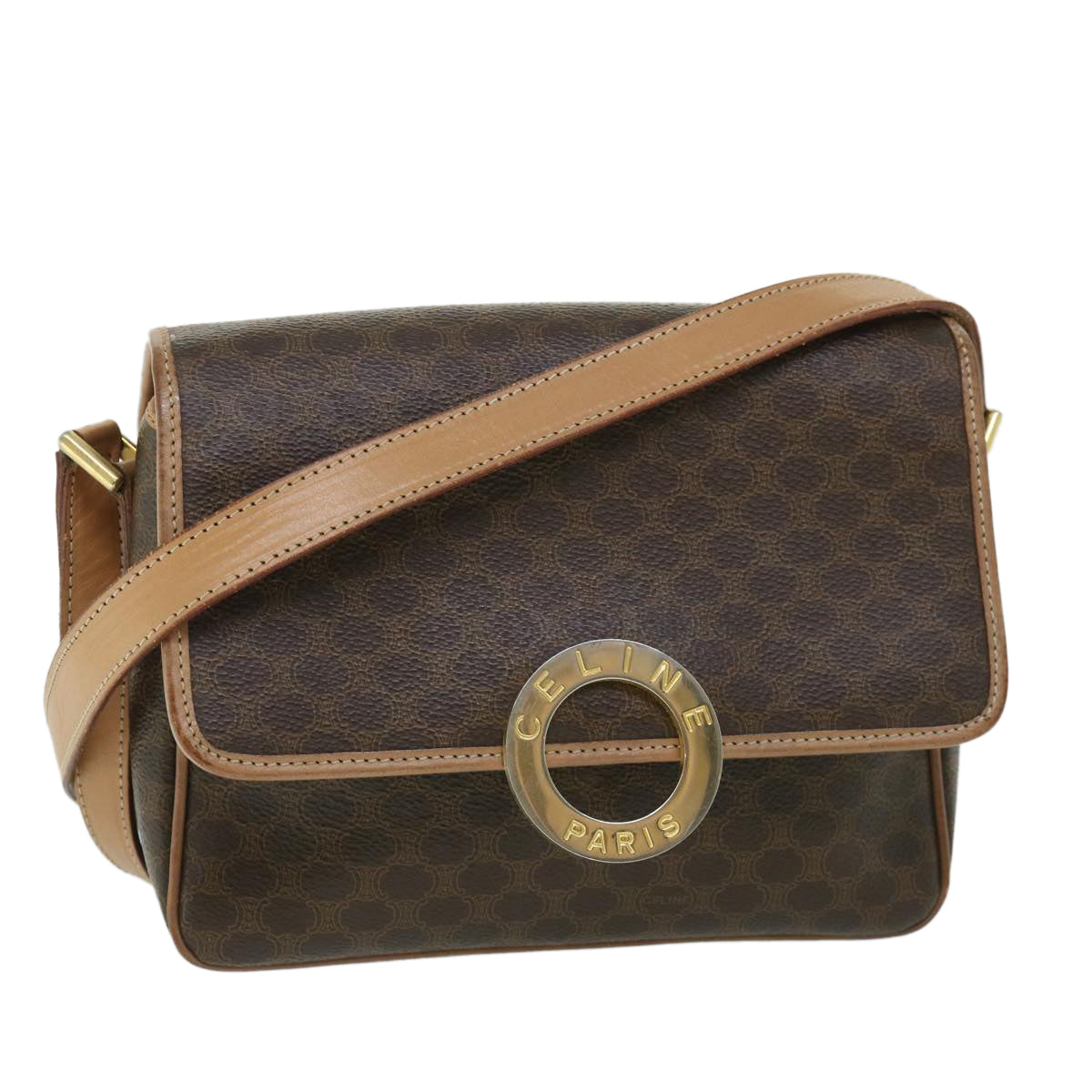 Luxury CELINE Macadam Canvas Shoulder Bag PVC Leather Brown 54959