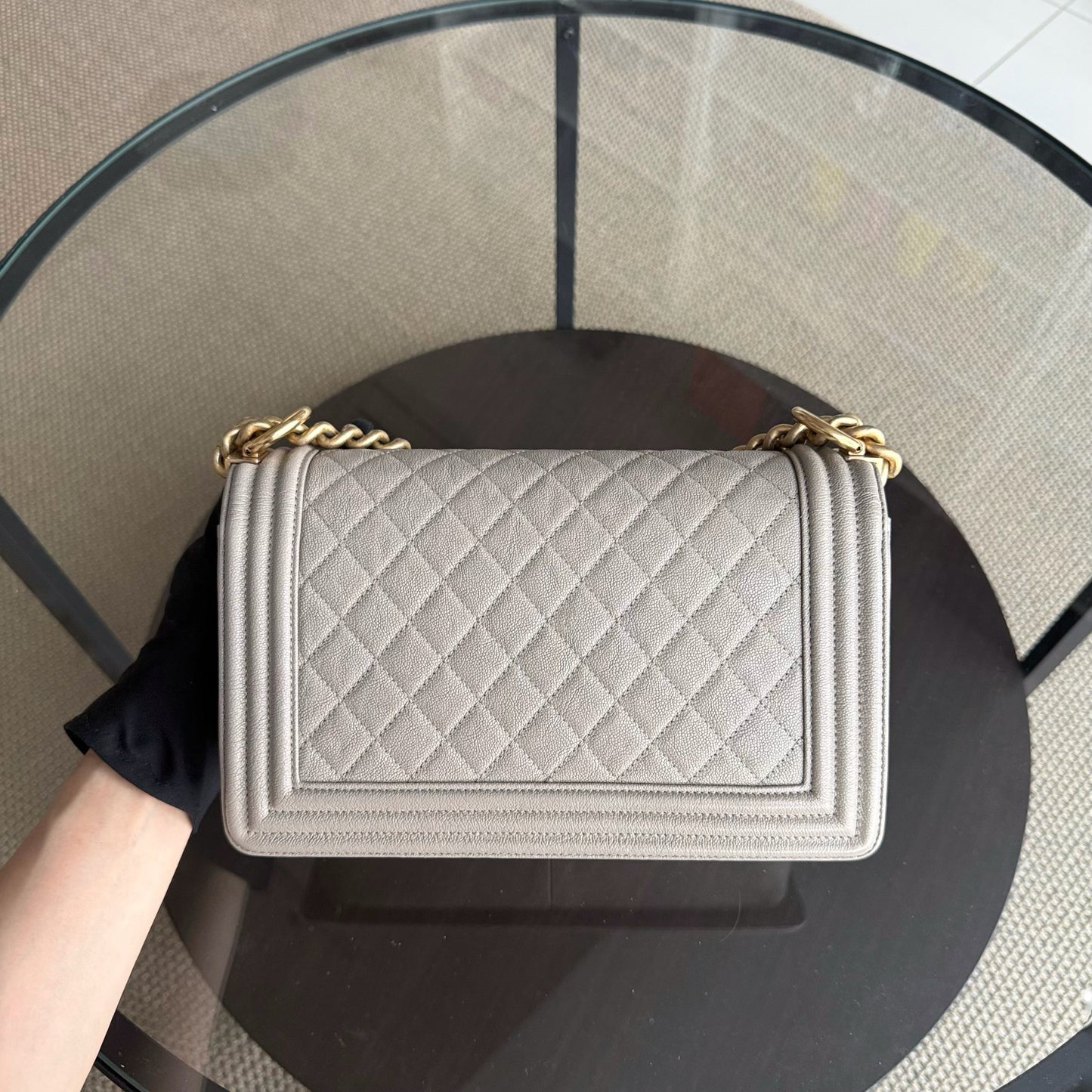 Chanel Boy Medium - Caviar 25CM Quilted Grained Calfskin Grey Gray Gold Hardware Series  27