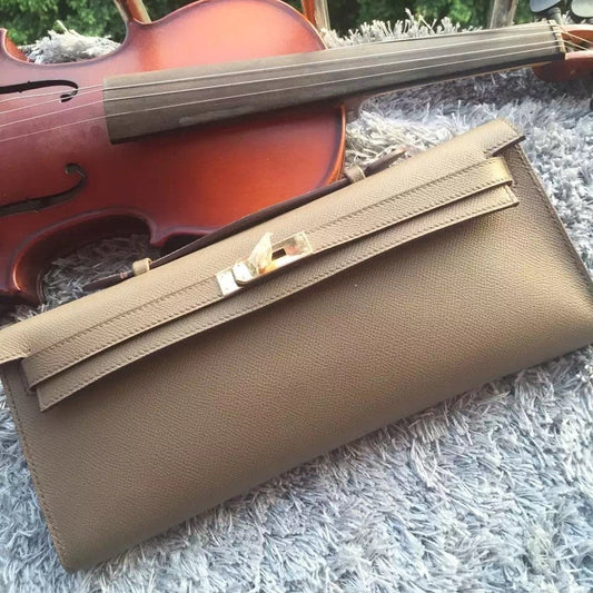 Luxury Hermes Etain Handcrafted Kelly Cut Clutch