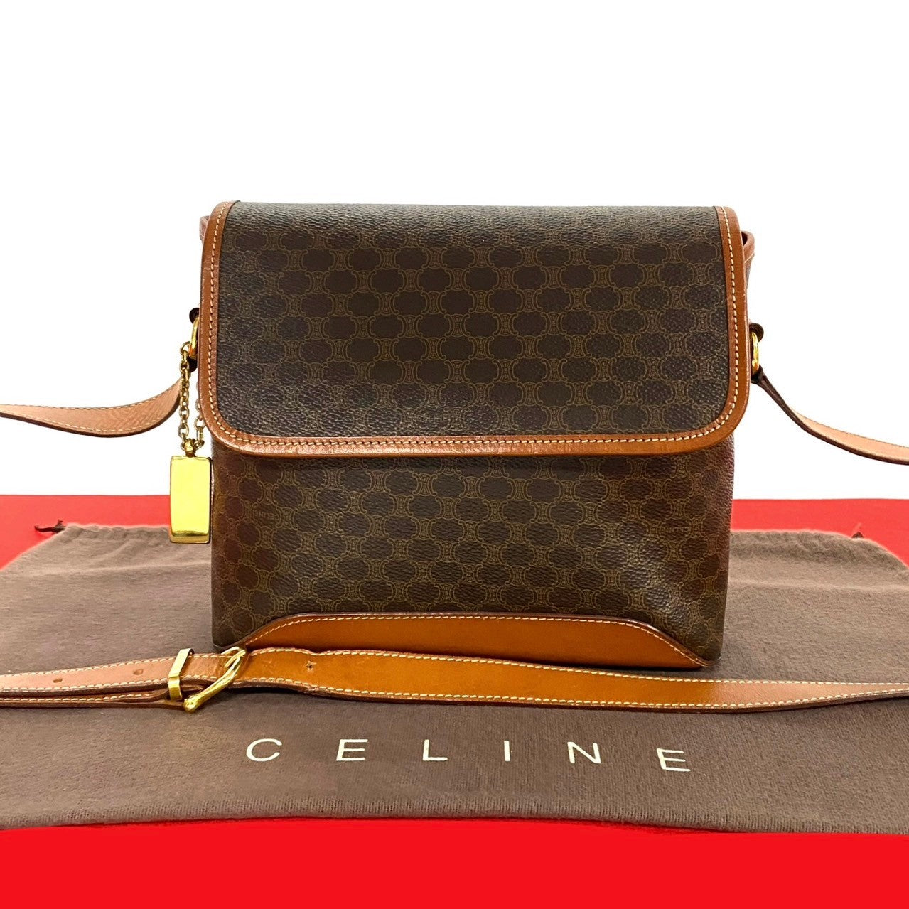 CELINE Shoulder Bag Leather, PVC Brown Macadam Blason Pattern Women