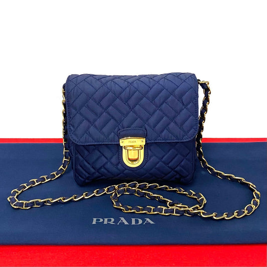 PRADA Shoulder Bag Nylon, Leather Navy logo Metal Women