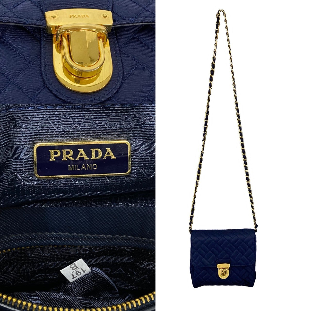 PRADA Shoulder Bag Nylon, Leather Navy logo Metal Women