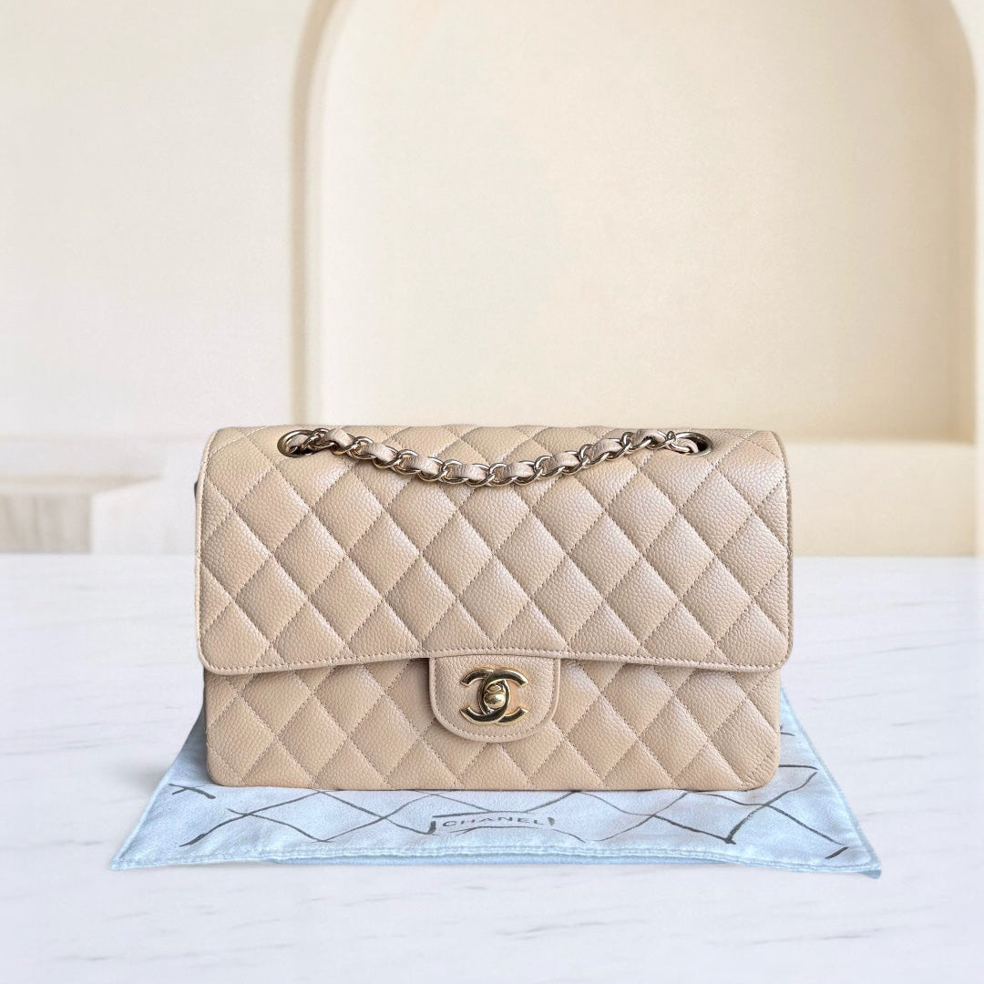 Chanel Classic Flap Medium - Caviar 25CM Quilted Grained Calfskin Beige Gold Hardware Series 14