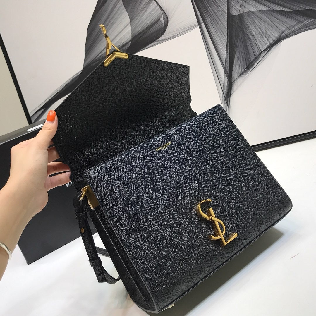 Yves Saint Laurent Cassandra Medium Top Handle Bag In Grain Black.6in/.5cm