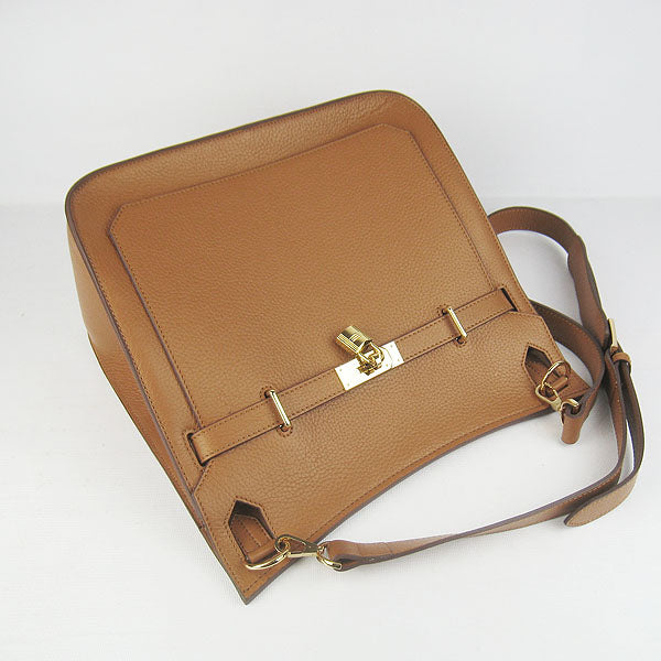 Luxury Hermes Leather Shoulder bag light coffee golden