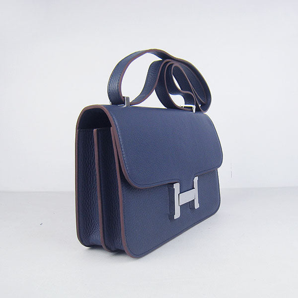 Luxury Hermes calf Leather Message Bag dark blue silver