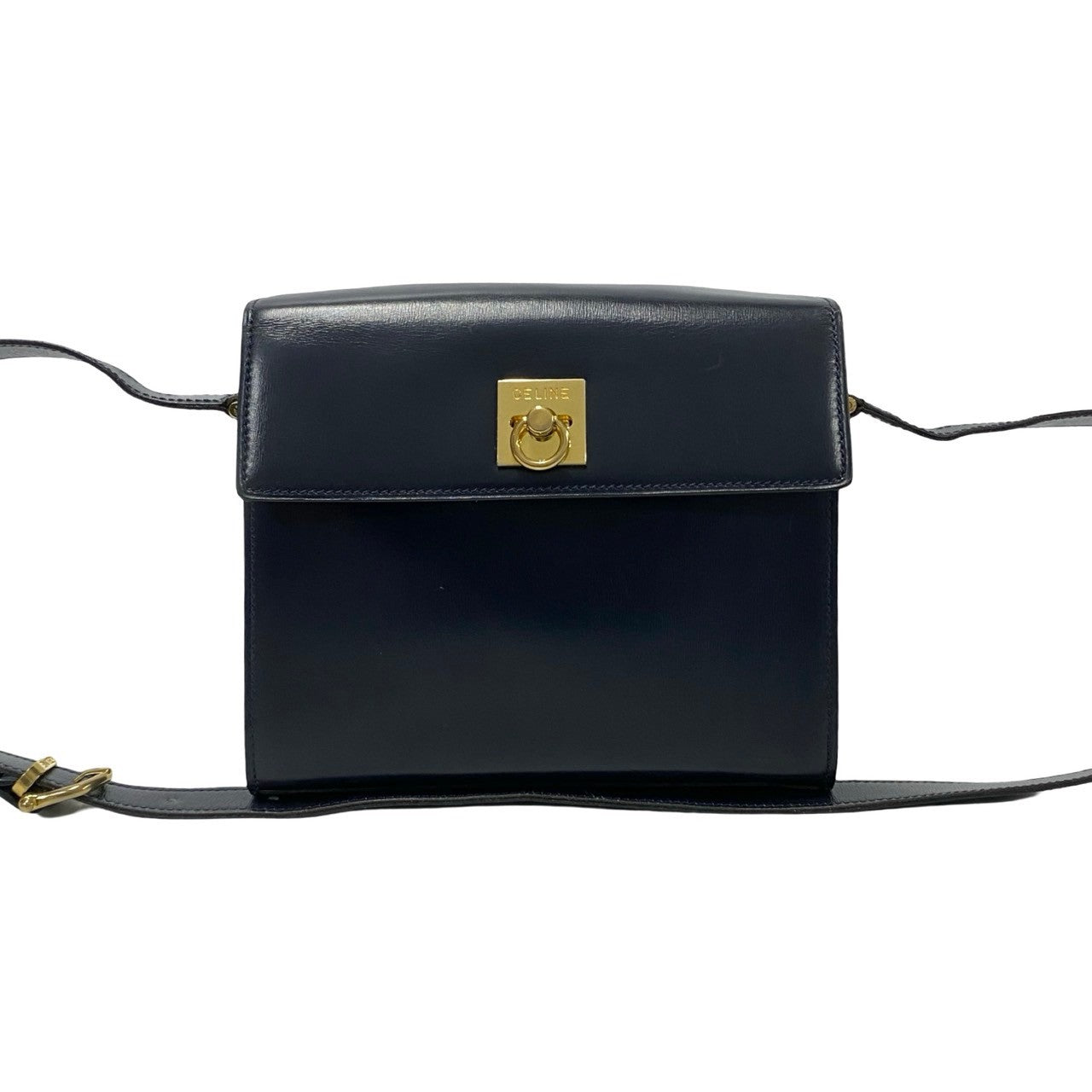 CELINE Shoulder Bag leather Navy logo ring Metal Women