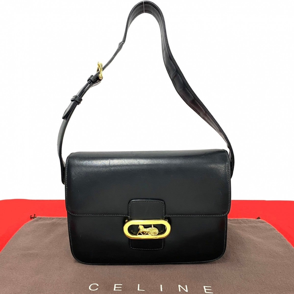 CELINE Shoulder Bag Calfskin, Leather black logo carriage Metal Women