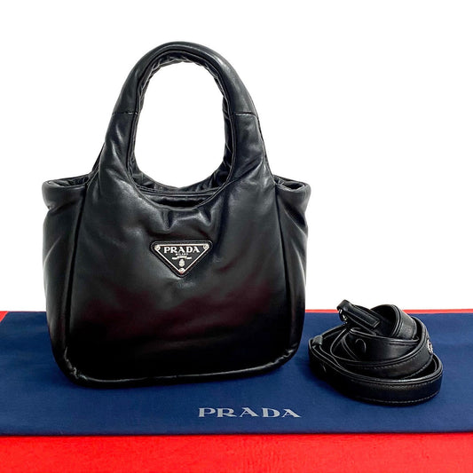 PRADA Shoulder Bag leather black Triangular logo Soft padding Women