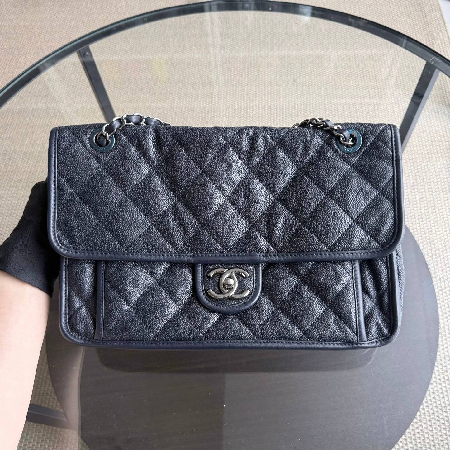 Chanel French Riviera Jumbo - Caviar Quilted Dark Blue Silver Hardware Series 20