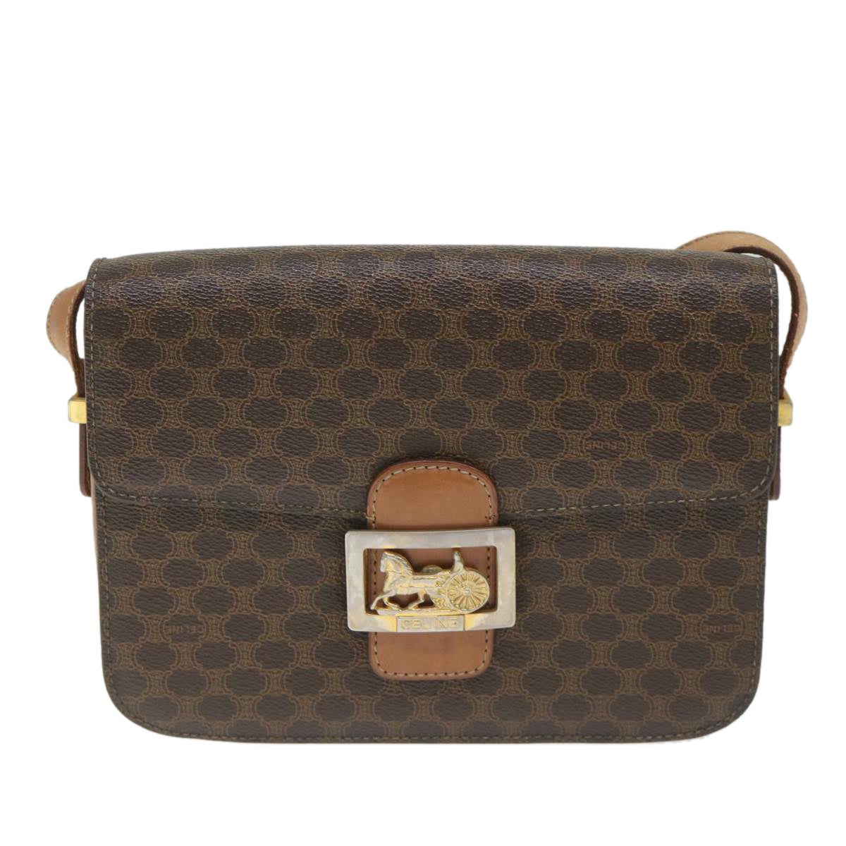 Luxury CELINE Macadam Canvas Horse Carriage Shoulder Bag PVC Leather Brown 57374