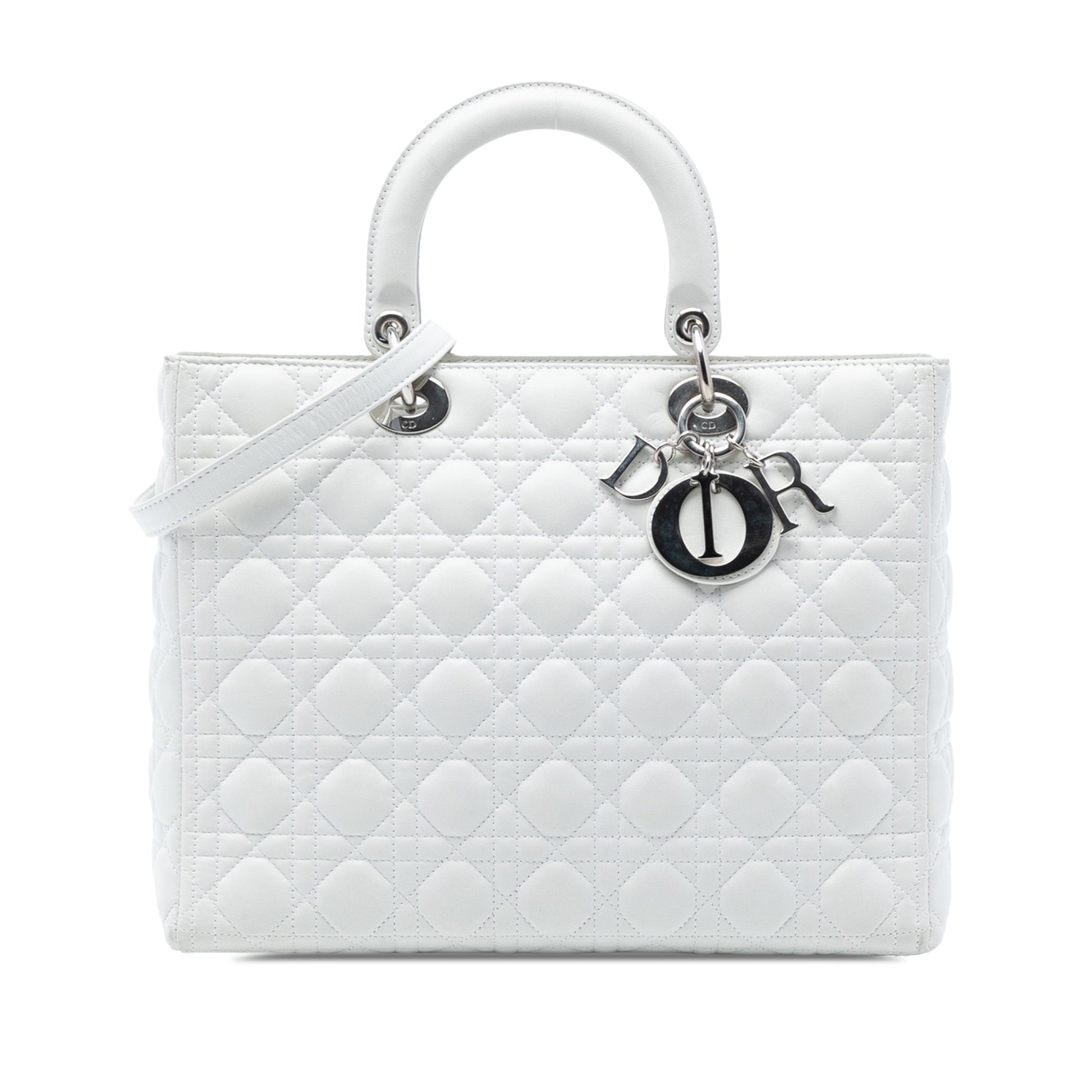 White Dior Large Lambskin Cannage Lady Dior Satchel