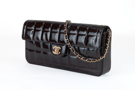 Chanel Brown Patent Leather Chocolate Bar East West Flap Bag with Gold Hardware