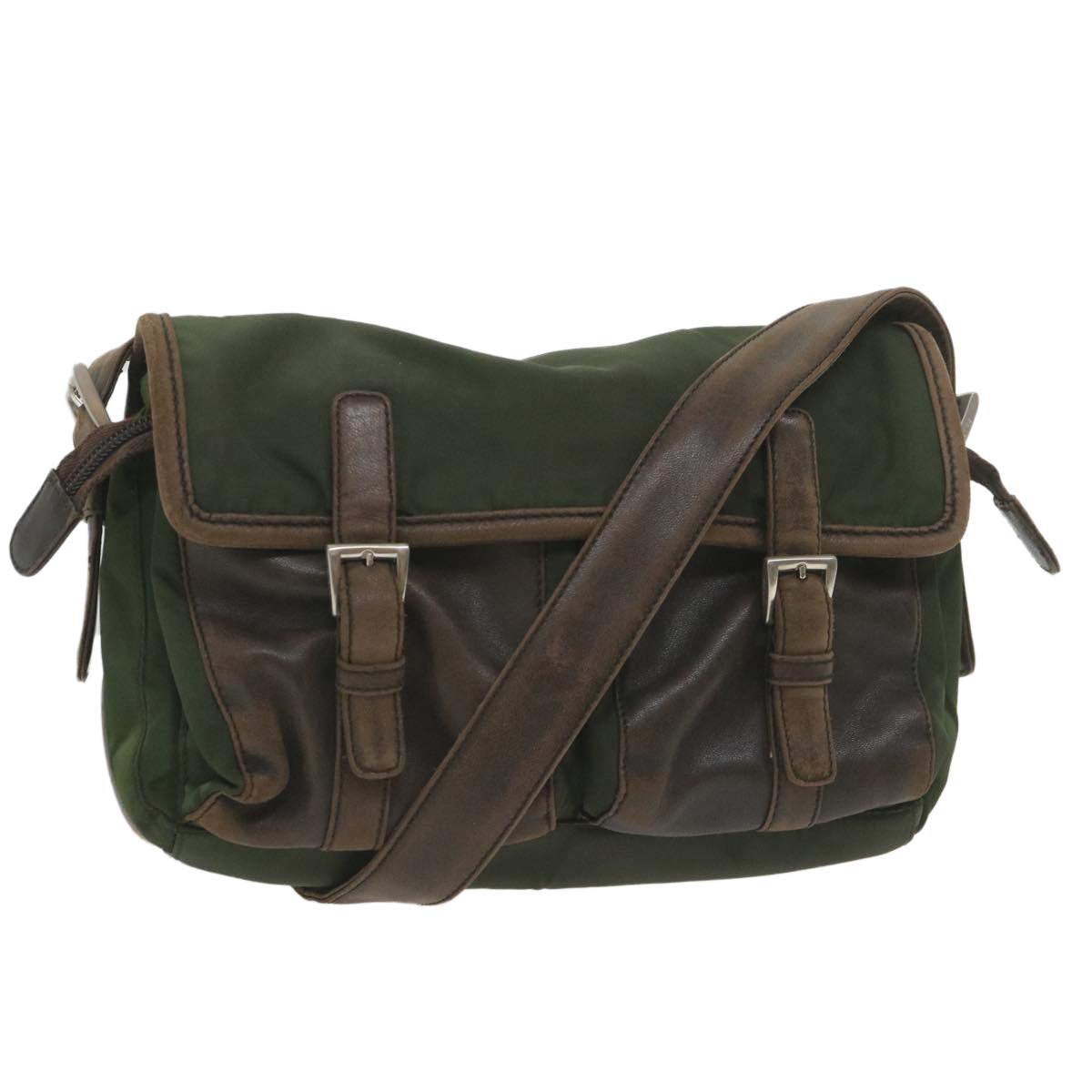 PRADA Shoulder Bag Nylon Leather Khaki Auth 58683