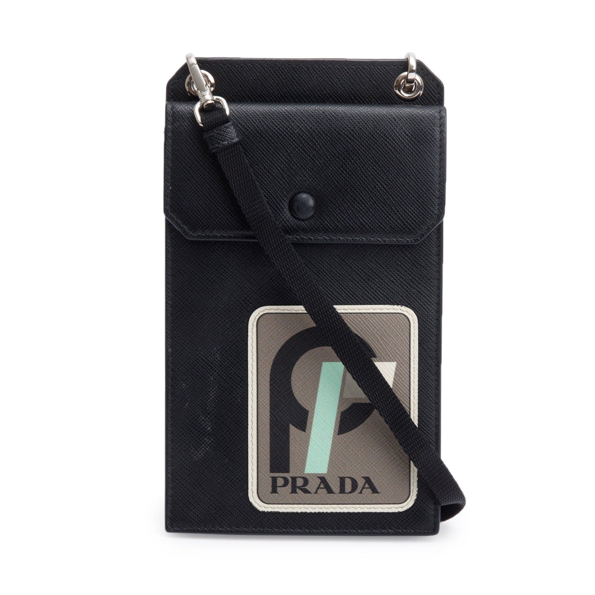 Prada Black Saffiano Lux Leather Racing Logo Patch Phone Pouch Crossbody Bag