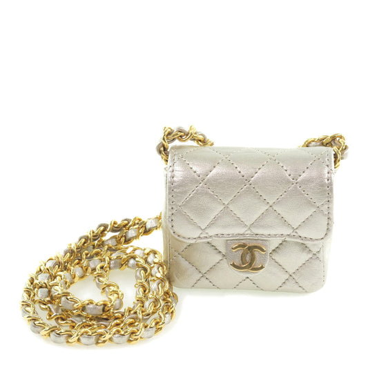 CHANEL Shoulder Bag Calfskin Silver Matrasse Chain Pochette Micro Women