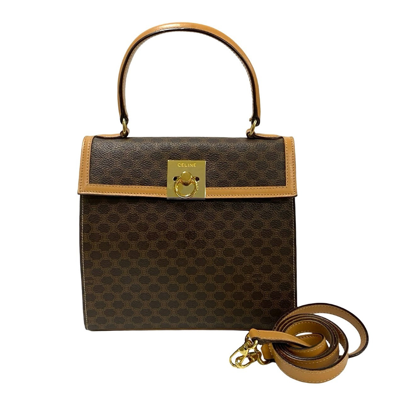 CELINE Shoulder Bag Leather, PVC Brown Macadam Blason Pattern Ring Metal Women