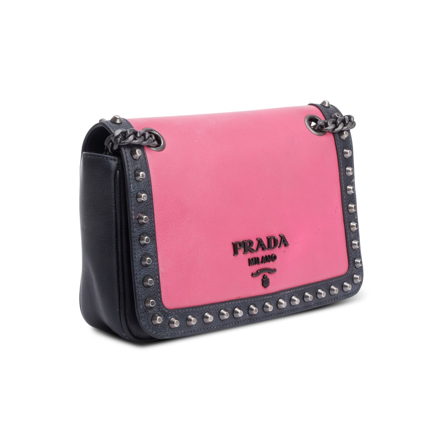 Prada Pink/Black Glace Calf Leather Studded Camera Crossbody Bag