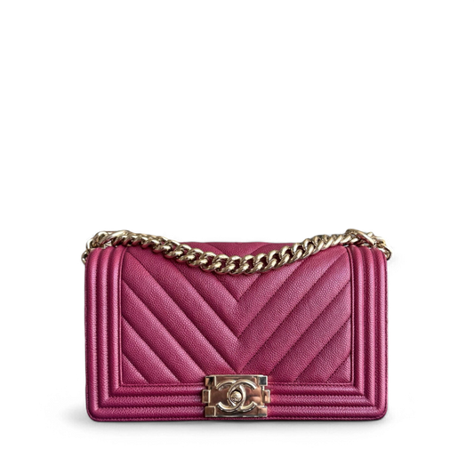 Chanel Boy Medium - Caviar 25CM Chevron Burgundy Gold Hardware Series 24