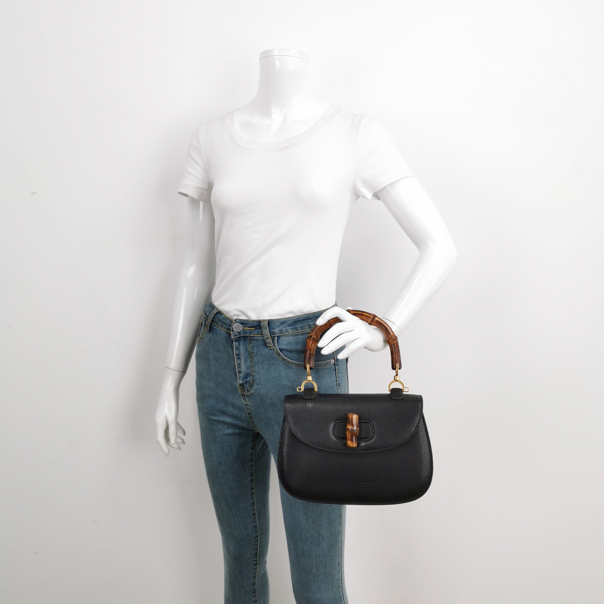 Gucci Bamboo 1947 Small Black Grained Leather Top Handle Bag