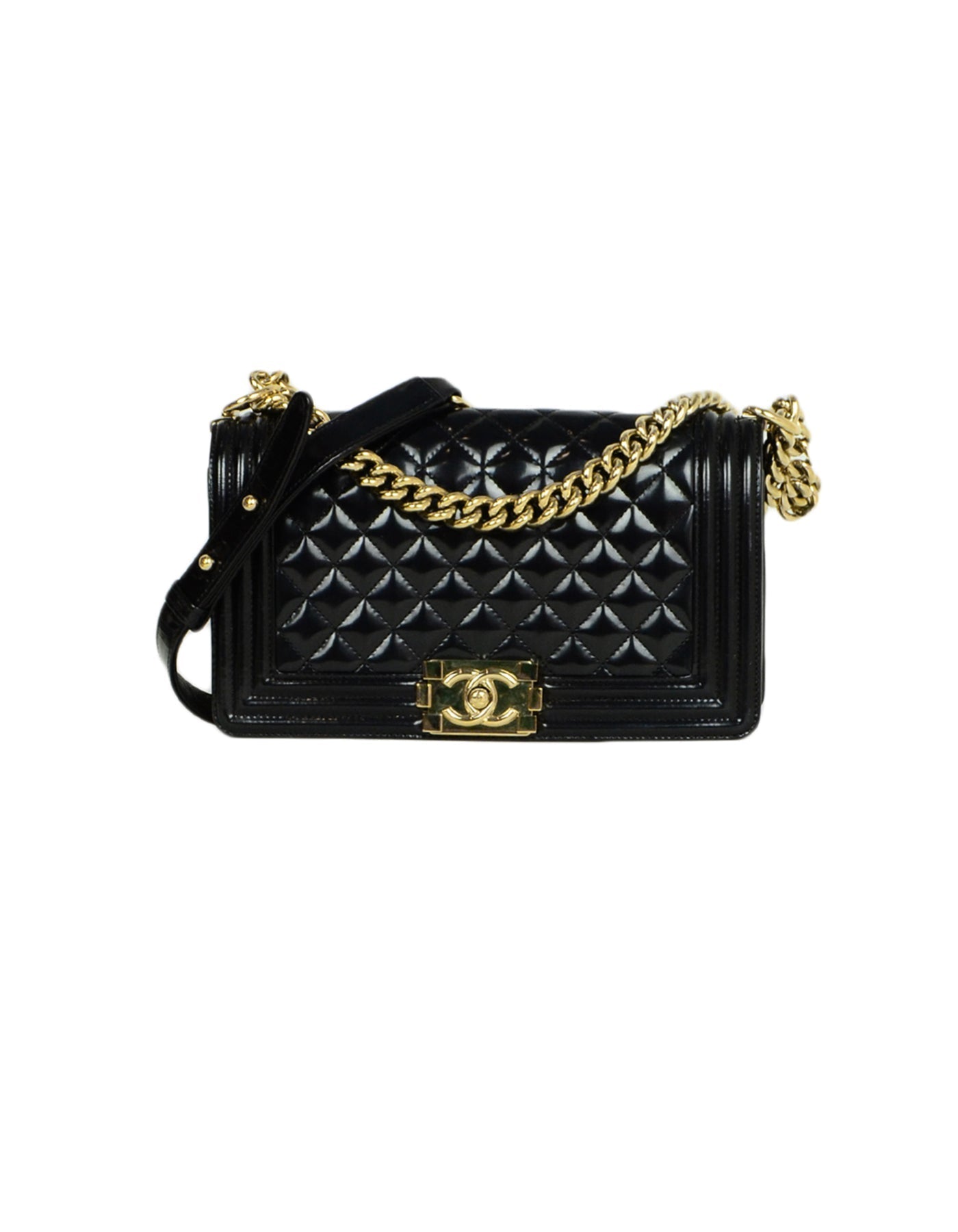 Chanel 2016-2017 Black Glazed Calfskin Quilted Leather Medium Boy Bag
