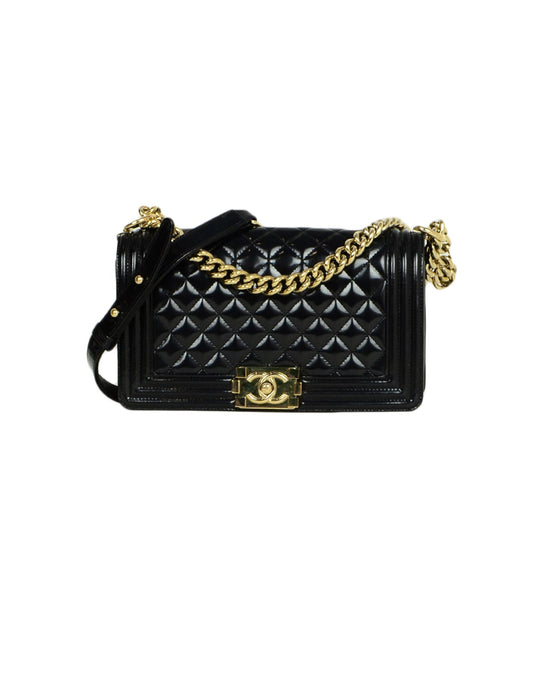 Chanel 2016-2017 Black Glazed Calfskin Quilted Leather Medium Boy Bag