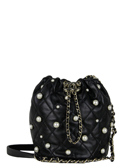 Chanel Black Leather Pearl Bucket Bag