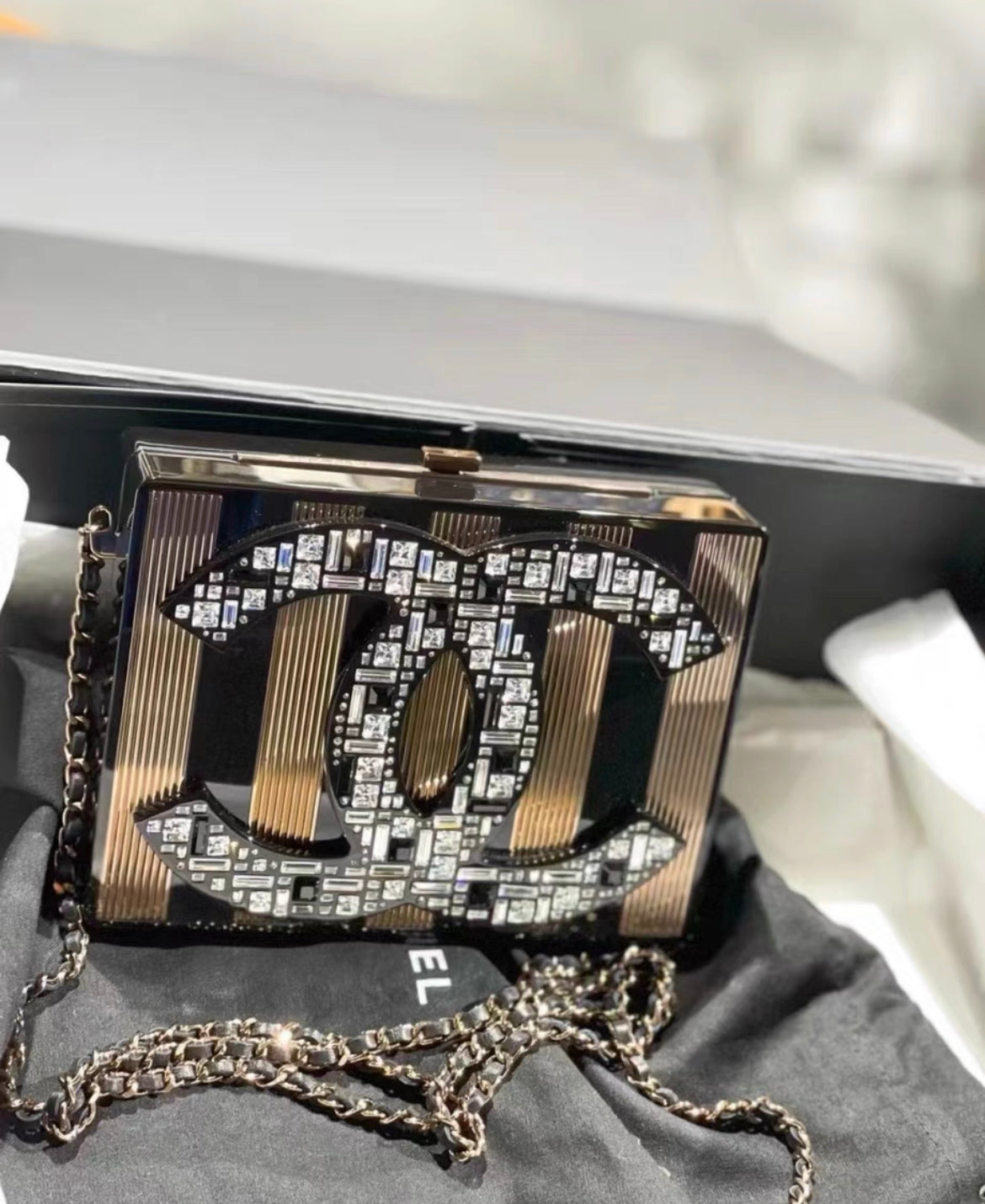 Chanel 2015 CC Logo Plexiglass Copper Black Crystal MinaudiÃ¨re Chain Clutch Bag
