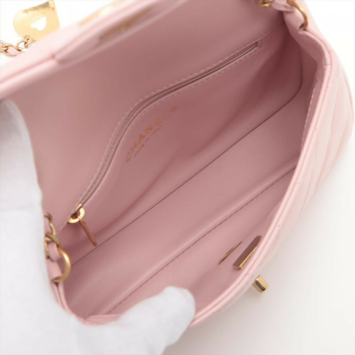 Chanel Pink Mini Matelasse Lambskin Single Leather Chain Heart Charm Flap Bag with Gold Hardware