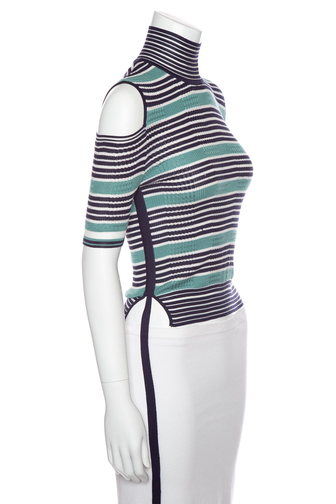 Fendi Teal and Blue Striped Mock Neck Cold Shoulder Top SZ 38