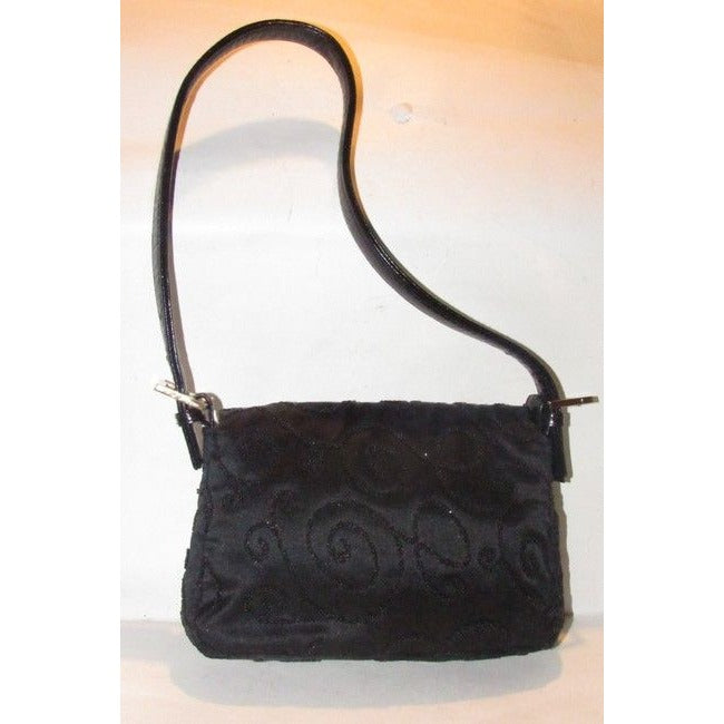 Fendi Black Silk And Leather Petite Baguette With Geometric Beaded Embellishments