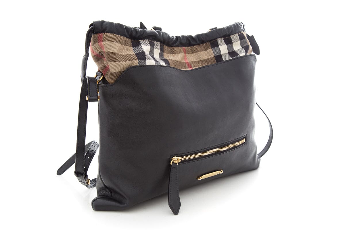 Burberry Ho Check Big Crush Black Leather Tote Bag