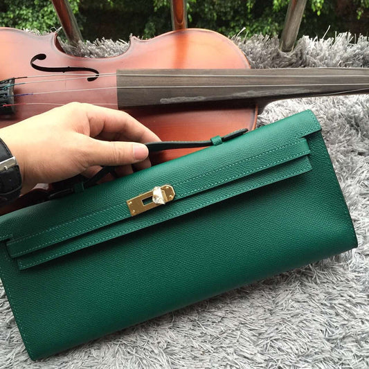 Luxury Hermes Green Handcrafted Kelly Cut Clutch