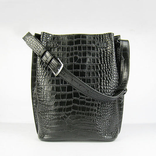 Luxury Hermes Crocodile Vein Shoulder Bag Black Silver