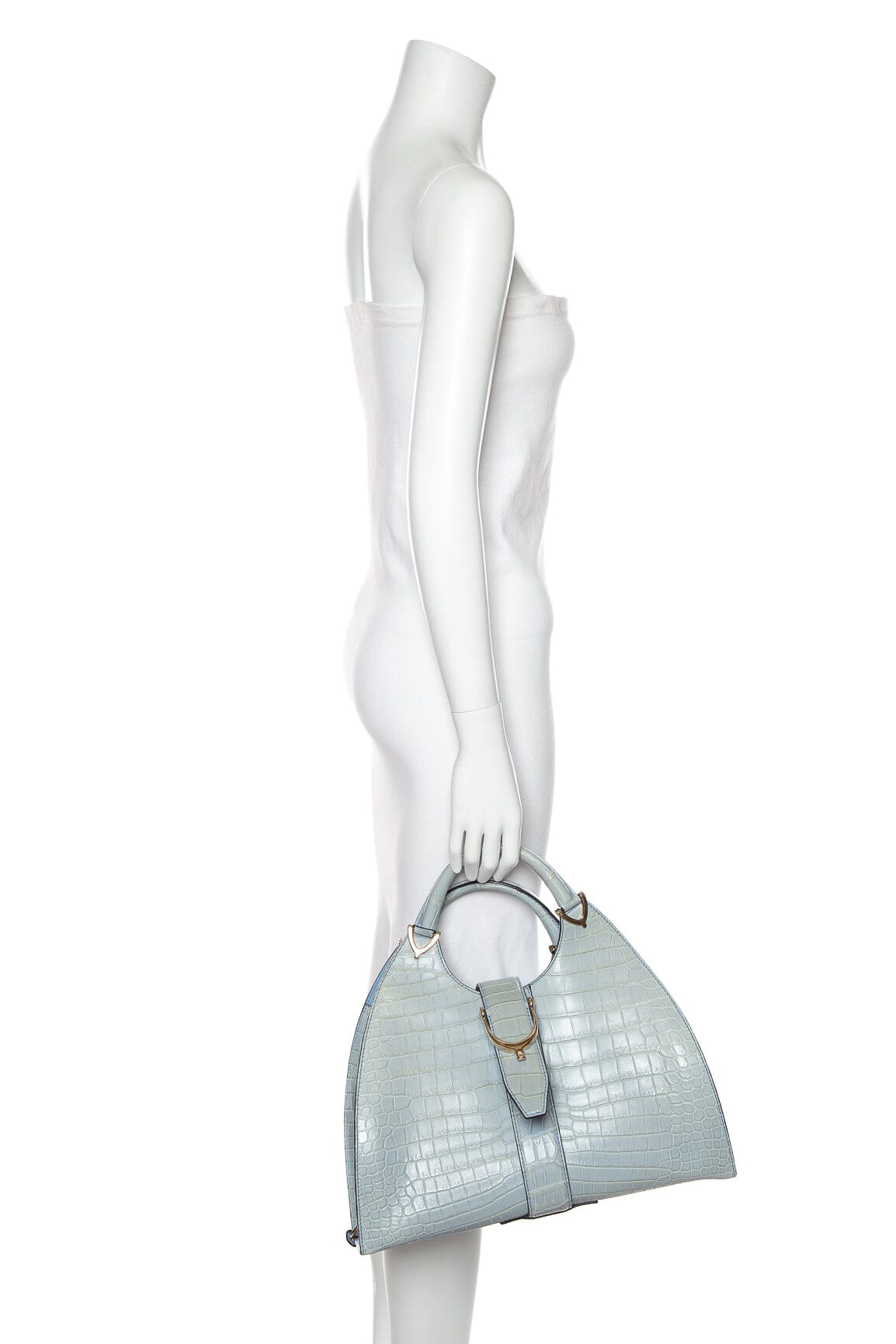Gucci Crocodile Light Blue Medium Stirrup Top Handle Handbag