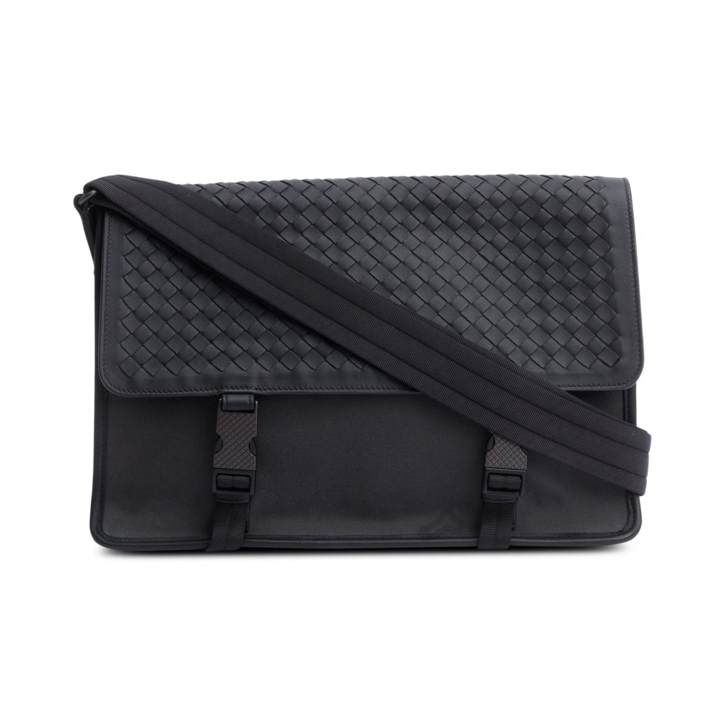 Bottega Veneta Black Intrecciato Leather Canvas Flap Messenger Bag
