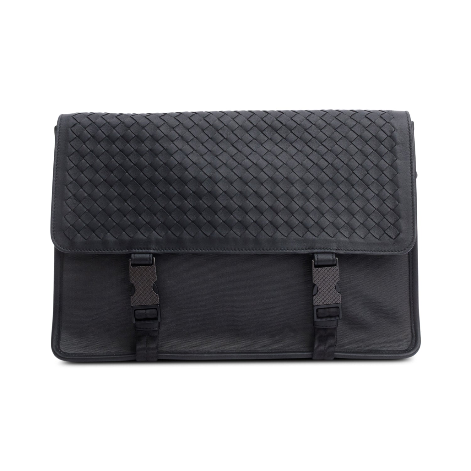 Bottega Veneta Black Intrecciato Leather Canvas Flap Messenger Bag
