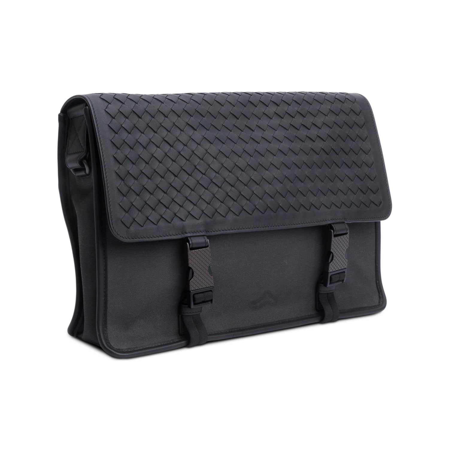 Bottega Veneta Black Intrecciato Leather Canvas Flap Messenger Bag