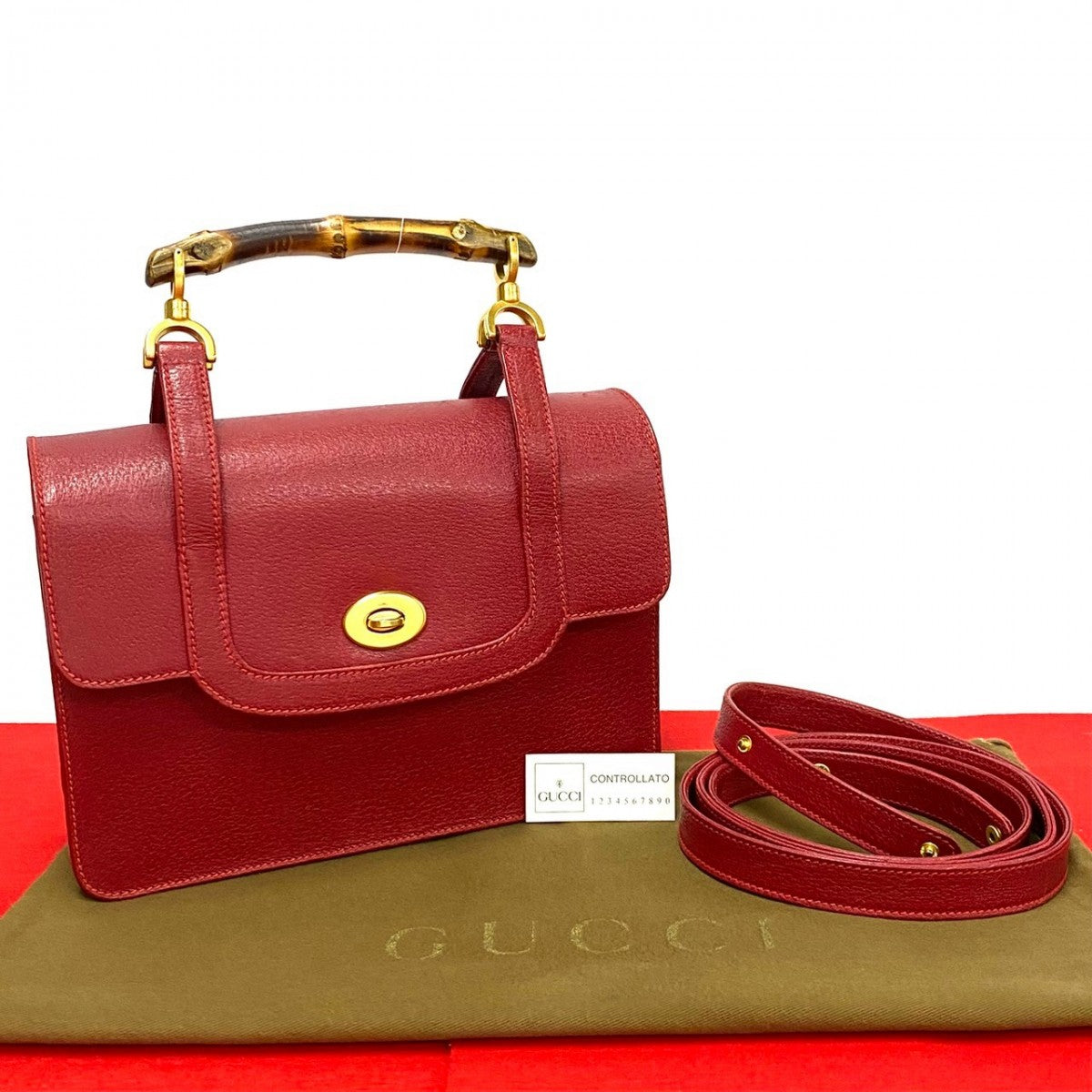 GUCCI Shoulder Bag leather Red Bamboo Old Gucci Women