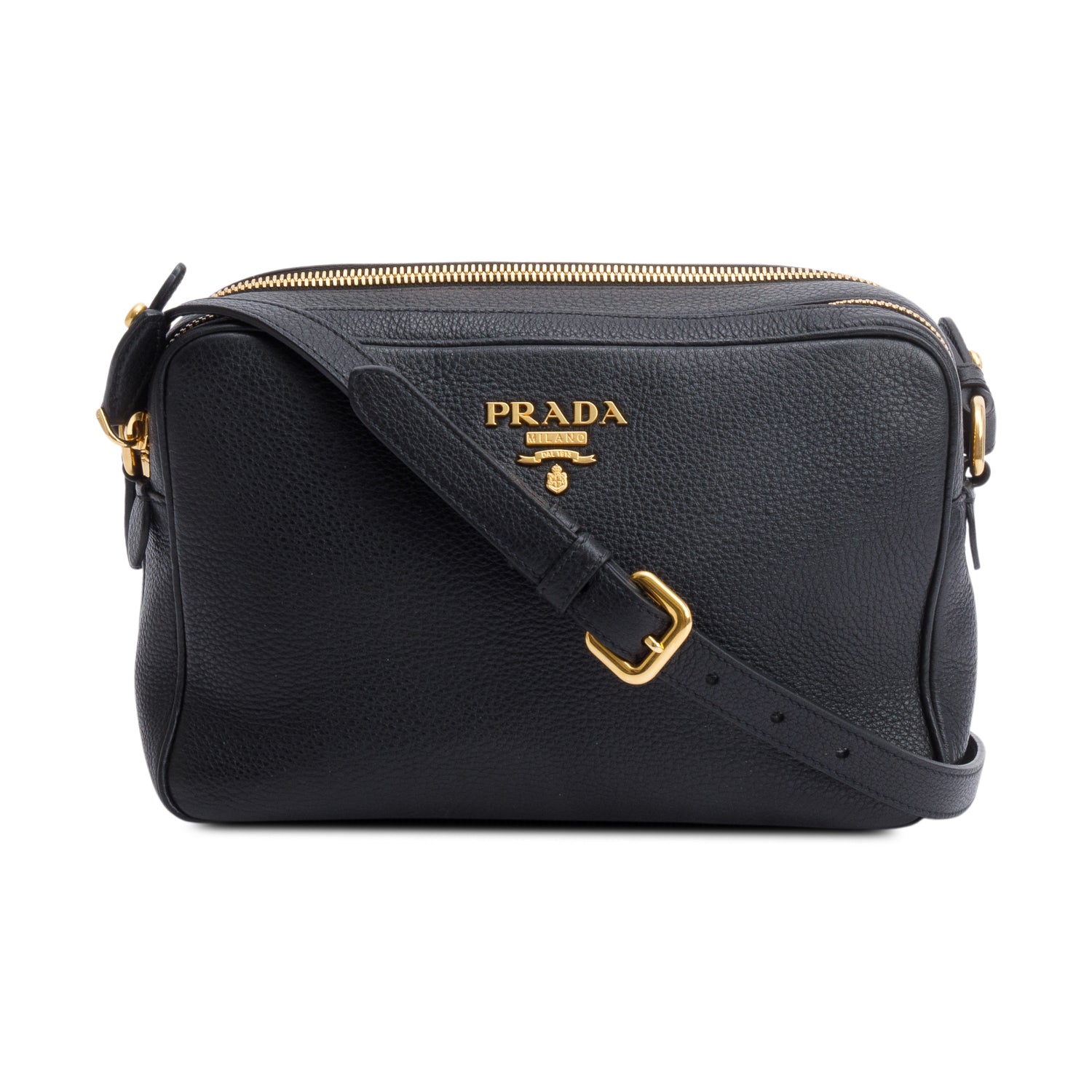 Prada Black Vitello Daino Leather Double Zip Camera Crossbody Bag